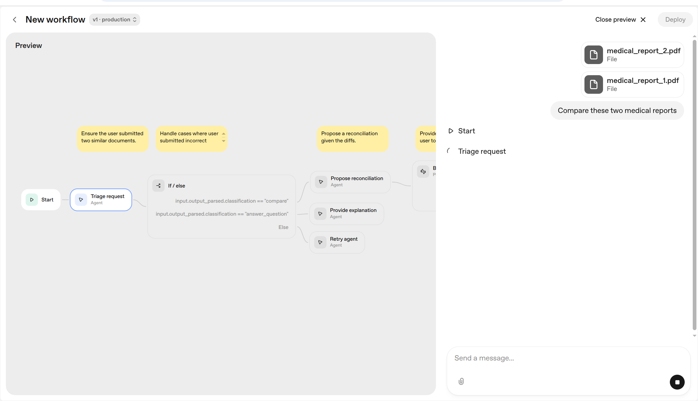 A single transaction/chat flowing through Agent Builder's workflow