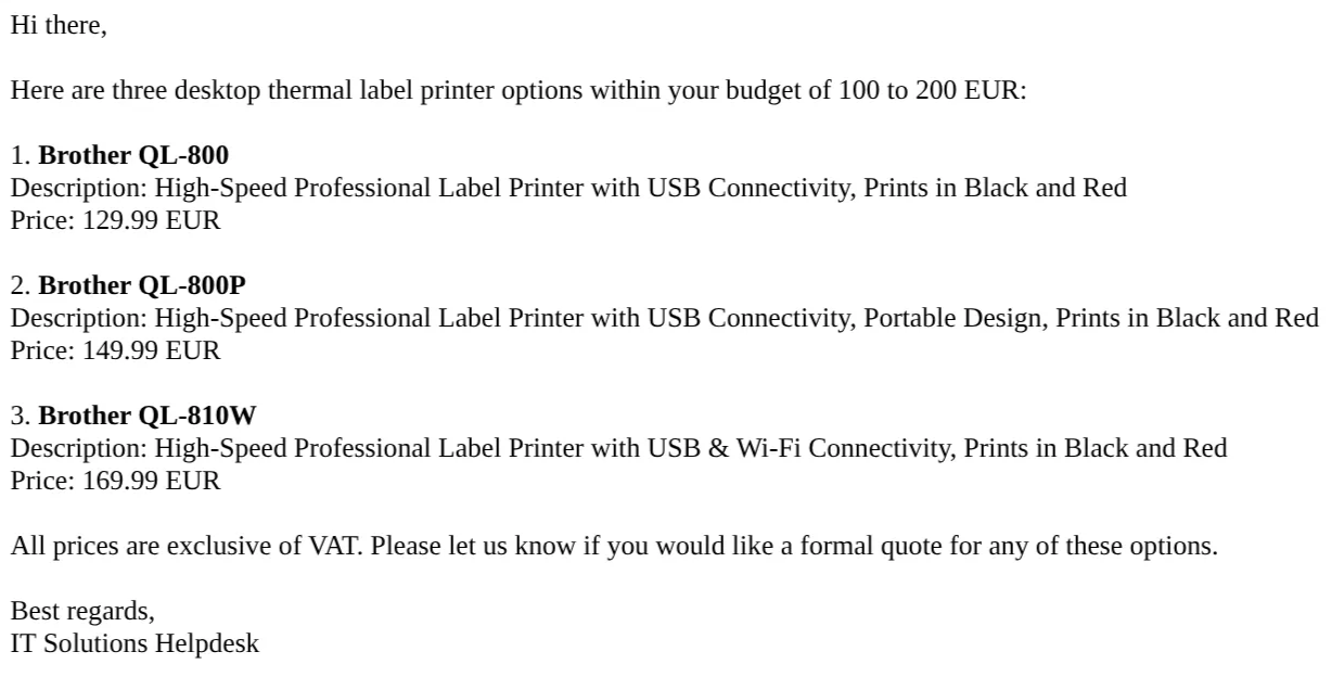 The generated response, containing product recommendations that precisely match the customer's request.