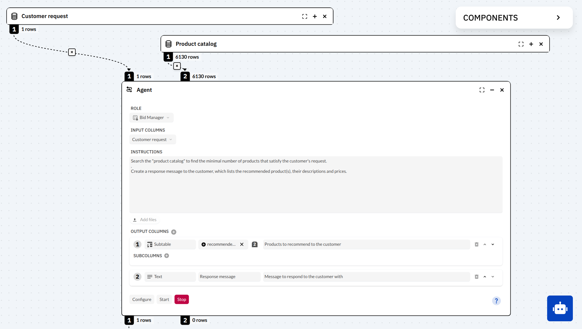 Decision Computing's agentic workflow, with an Agent node directly orchestrating the customer's request and data access.