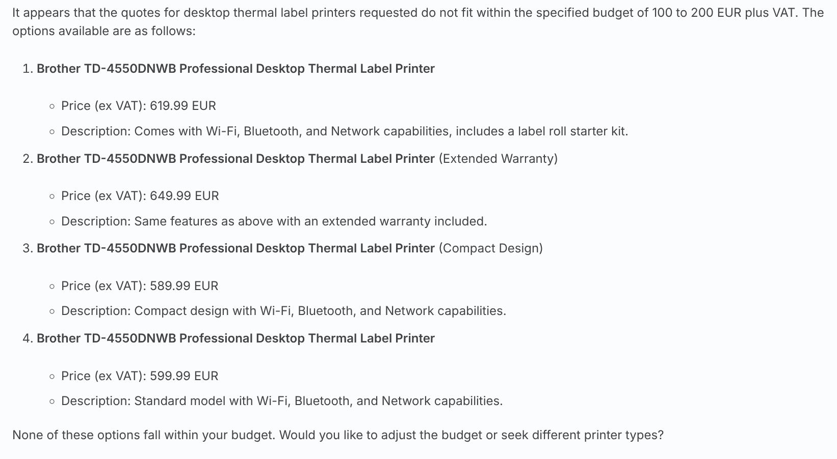The final response from n8n's RAG workflow, containing three product recommendations that are well over the customers budget