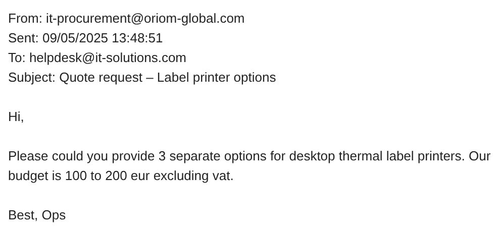 A customer email requesting three options for label printers
